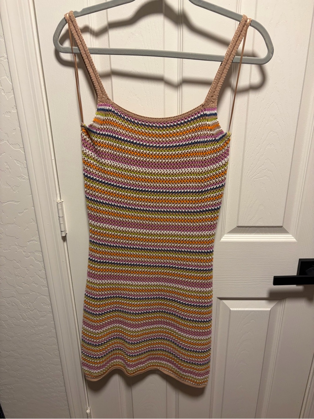 Striped Crochet Knit Spaghetti Strap Dress - Lined - Multicolor